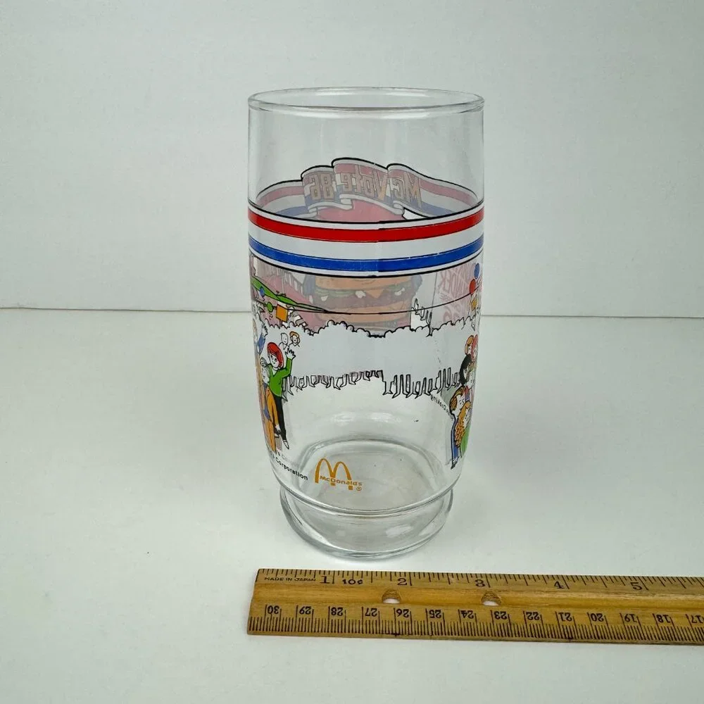 Vtg 1986 McDonalds Mc Vote Clear Drinking Glass‎ Thin Cheese Burger Collectible